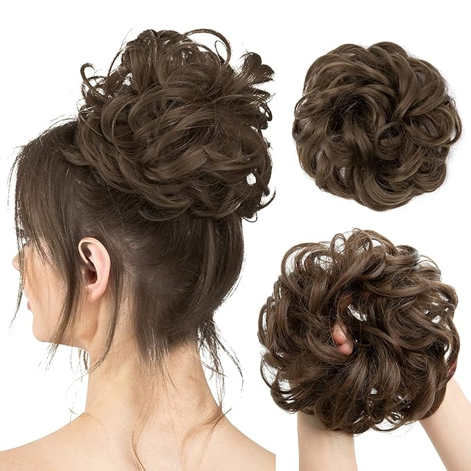 CJL HAIR Large Messy Bun Hair Piece Wavy Curly Scrunchies Synthetic Chignon Ponytail Hair Extensions Thick Updo Hairpieces for Women Medium Ash Brown