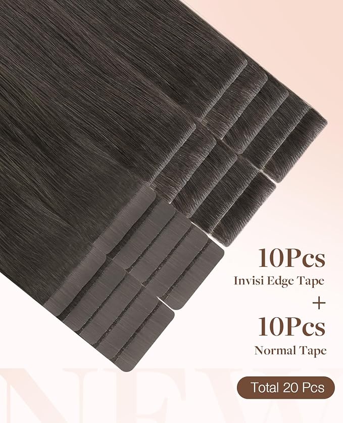 GOO GOO Invisi Edge Tape in Hair Extensions Human Hair, 1C Mocha Brown10pcs injected with 10pcs classical tape ins, 22inch 50g, Virgin Remy Hair, Natural Look