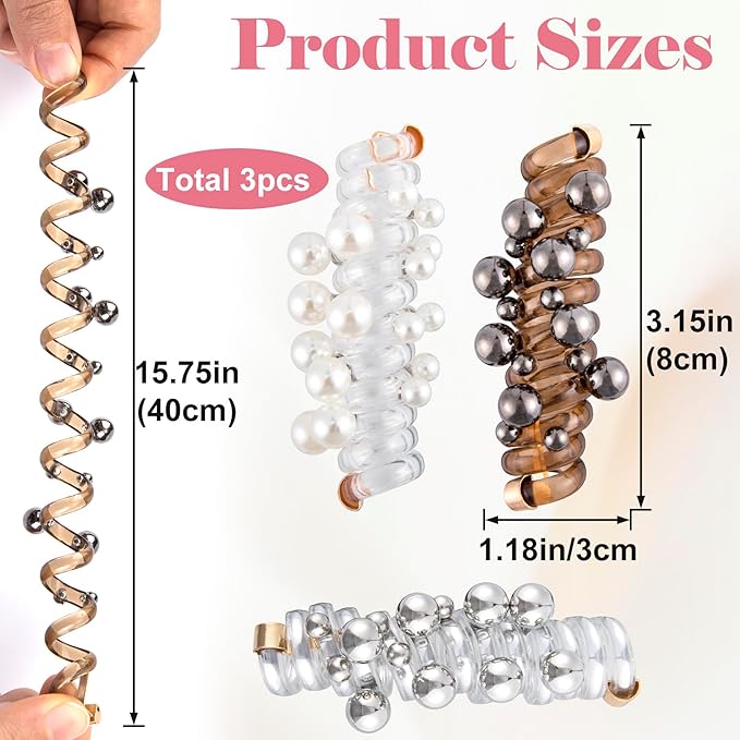 3 Pcs Creaseless Spiral Hair Ties for Women, 3 Colors Pearl Phone Cord Shape Hair Bands, Pearl Telephone Scrunchies, Coil Hair Ties for Thick, Thin, Long, Curly Hair