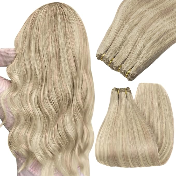 YoungSee Weft Hair Extensions Warm Ash Blonde Highlights Bleach Blonde Sew in Hair Extensions Real Human Hair Highlights Hair Extensions Sew in for Long Hair 22Inch 100G