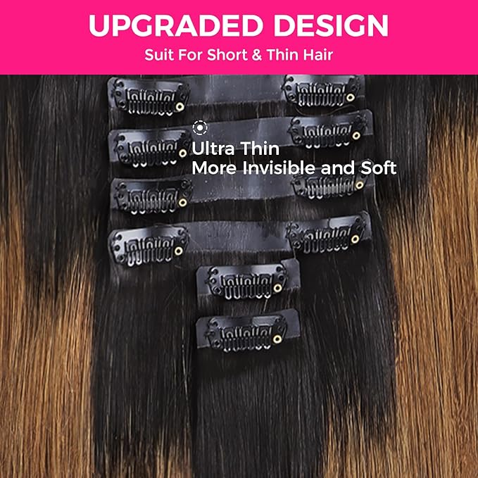 Lashey Seamless Clip in Hair Extensions Human Hair 150g 9pcs 22 Inch Ombre Natural Black to Medium Auburn Straight Clip in Hair Extensions for Women