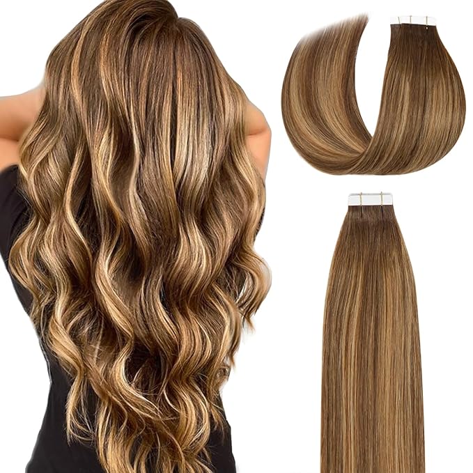 Lacer Tape in Hair Extensions Real Human Hair Chocolate Brown to Strawberry Blonde Highlights with Chocolate Brown Roots Human Hair Tape in Extensions 20pcs 50g 14 Inch