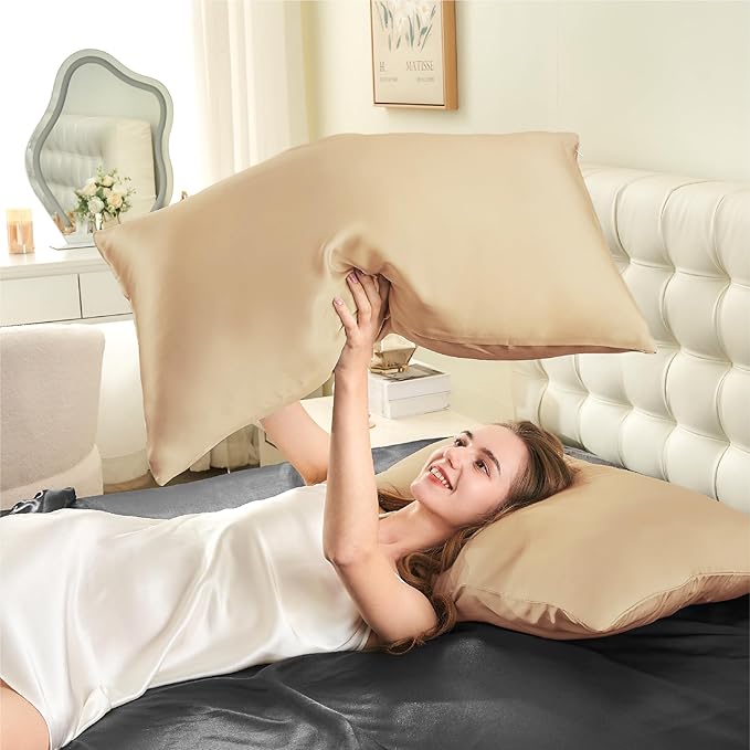 INFIIXSO Mulberry Silk Pillow Cases King Size Set of 2, Silk Pillowcase with Hidden Zipper 20"x36", Extraordinary Smooth and Soft Pillow Case for Hair and Skin(Champagne, 2 Pack)