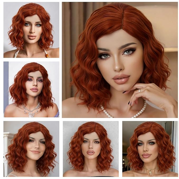 BUFASHION 14" Women Short Orange Red Kinky Straight Cosplay Synthetic Wigs With Air Bangs 46 Colors Available (Orange Red)