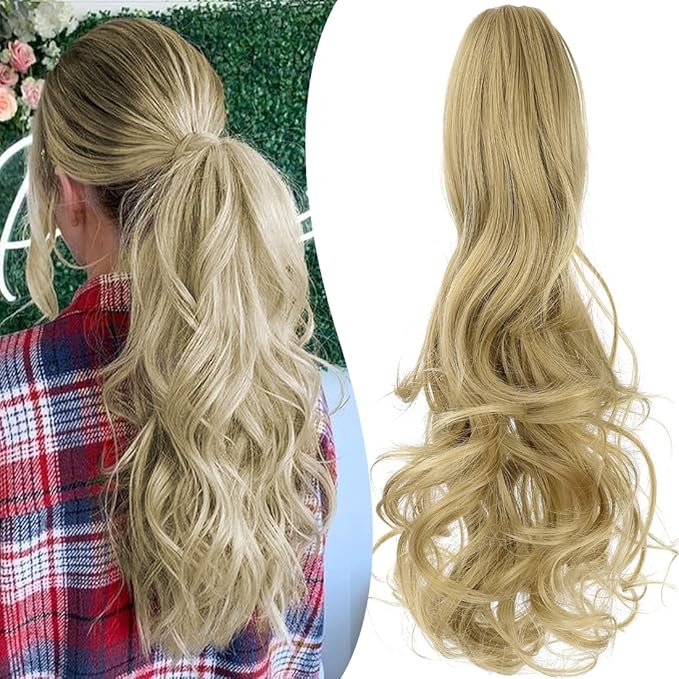 Claw Clip Ponytail Extension 18" Clip in Wavy Ponytail Hair Extensions Long Pony Tails for Women Extensions Ash Blonde Wave Hairpiece