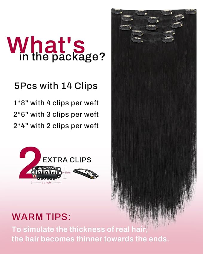 Moresoo Clip in Hair Extensions Real Human Hair Natural Black 5pcs 80g Remy Straight Invisible Lace Double Weft Human Hair Extensions Natural Black Human Hair Clip in Extensions #1b 22inch