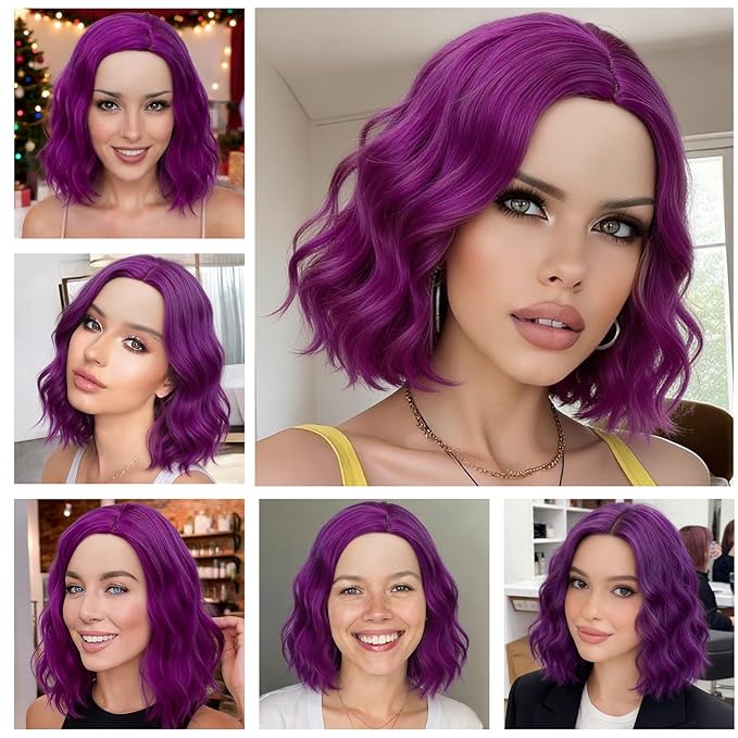 BUFASHION 14" Women Short Dark Purple Kinky Straight Cosplay Synthetic Wigs With Air Bangs 46 Colors Available (Dark Purple 2)