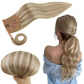 RUNATURE Ponytail Extension Human Hair Blonde, Real Hair Ponytail Extension, 20 Inch Human Hair Ponytail, Long Ponytail Hair Extensions, Remy Natural, 80g #8P60 Light Brown Highlight Platinum Blonde