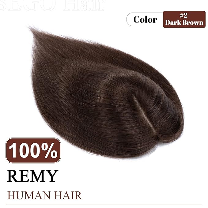 SEGO Real Human Hair Topper for Women without Bangs, Hair Topper with Anti-Slip Clips (6 Inch #2 Dark Brown)