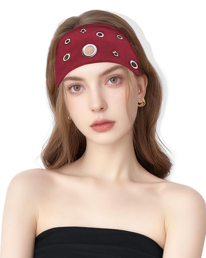 Grommet Headband for Women, Red Star 23cm Hollow Out Elastic Hair Band, Eyelets Punk Grunge Stylish Hairband