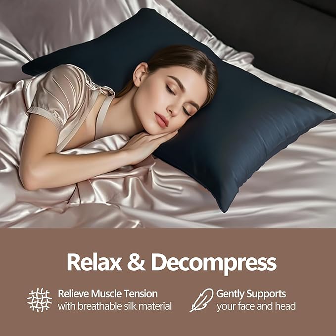 Set of 2 100% Mulberry Silk Pillow Cases - 6A Luxury Silk Pillowcase for Hair and Skin – Anti-Wrinkle, Cooling & Smooth, Hidden Zipper – Pillowcases for Sleeping Women Girl, Boy (Navy, Standard)