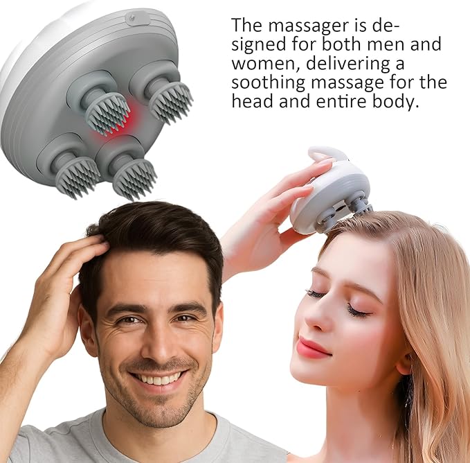 Multi-Functional Electric Scalp and Body Massager, Portable, Rechargeable with 3 Speed Modes and 4 Silicone Massage Heads for Relaxation, and Hair Growth