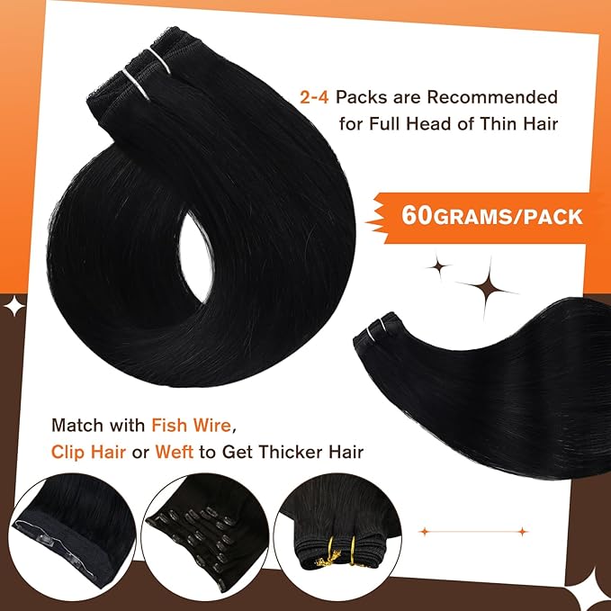 Full Shine Clip in Human Hair Extensions 18 Inch Invisible Clip in Hair Extensions with Lace Weft Jet Black Straight Hair Longevity 3 Pcs 60 Grams