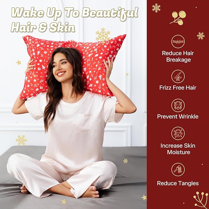 THXSILK Christmas Style 6A+ Grade Mulberry Silk Pillowcase for Hair and Skin, 22 Momme 100% Pure Silk Pillow Case with Hidden Zipper, Christmas Holly Printed Pillow Cover, Red， King