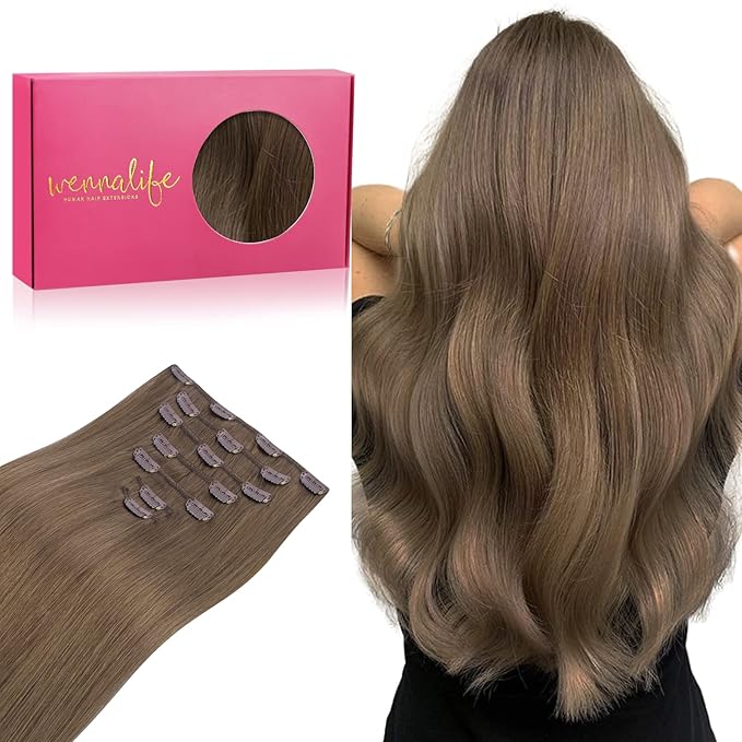 WENNALIFE Clip in Hair Extensions Real Human Hair, 16 Inch 120g 7pcs Human Hair Extensions Clip In Human Hair, Light Ash Brown Hair Extensions Clip In Real Hair Coloured Remy Human Hair Extensions