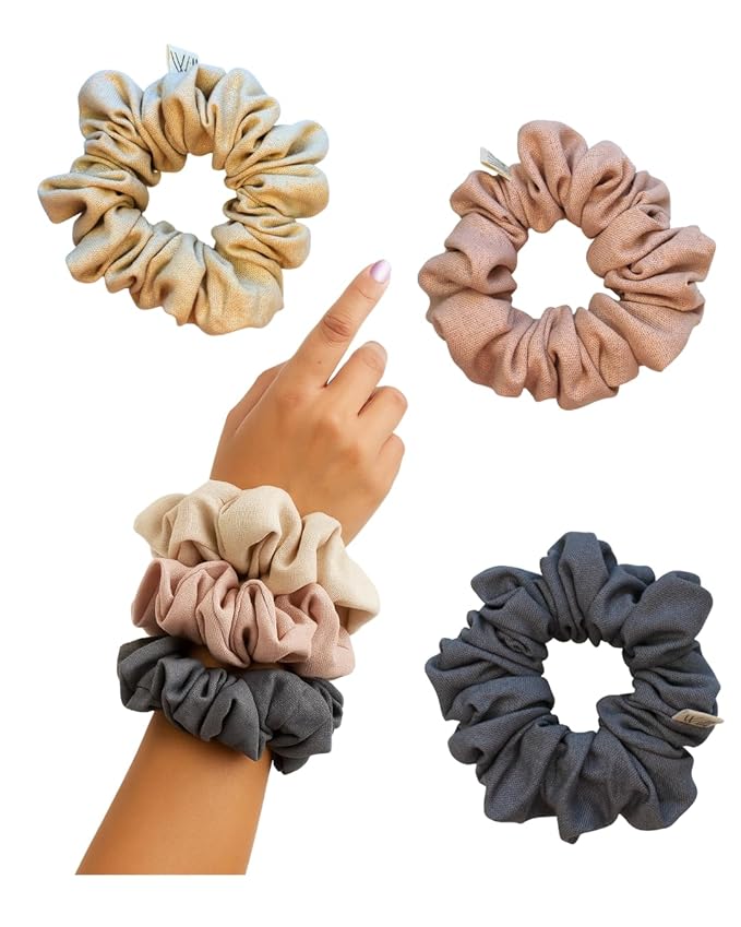 Handmade Linen Scrunchie Bundle for Women – Set of 3 Neutral Hair Ties – 100% Linen Fabric, Gentle on Hair, Woman Gift Set (Aura)