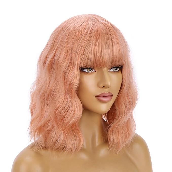 BERON 14 Inches Light Orange Wig Short Curly Wig Women Synthetic Orange Wigs with Bangs Hairnet Included