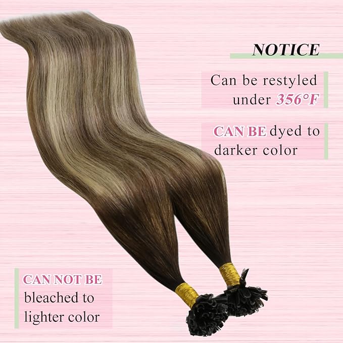 YoungSee Utip Hair Extensions Balayage U Tip Hair Extensions Real Human Hair Ombre Dark Brown to Brown with Blonde Silky Straight 16In 50s/50g
