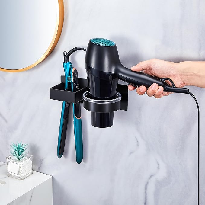 Hair Straightener Holder Wall, Blow Dryer Holder Wall Mounted Hairdryer Holder for Bathroom, Hair Tools Organizer & Storage Curling Iron Holder, Salon Hair Dryer Holder (Black)