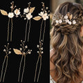 Handmade 6 Piece Flower Wedding Hair Accessories Elegant Bridal Hair Pins with Adorable Flowers Sparkling Rhinestone Gold Leaves and Pearl Accents for Women Brides and Bridesmaids (Gold)