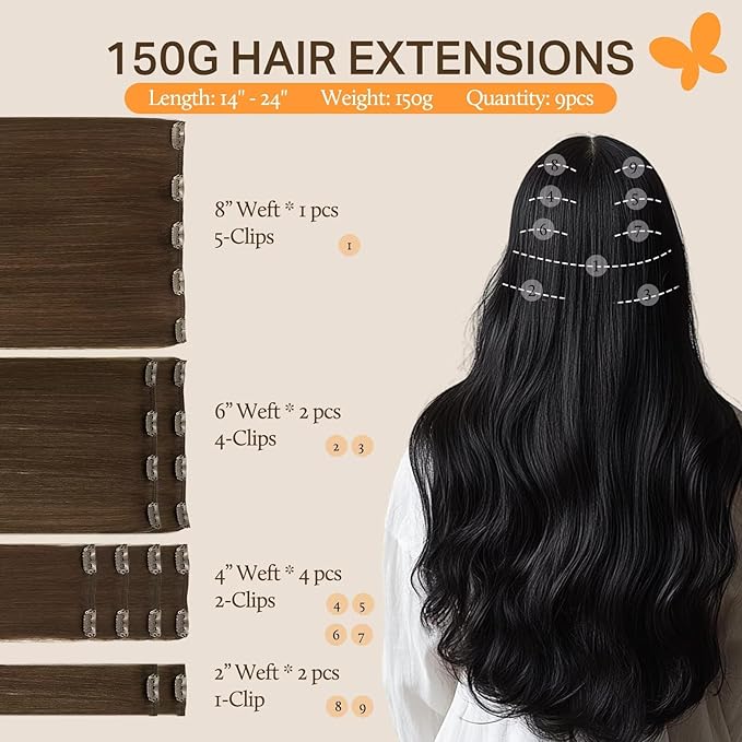 DOORES Human Hair Extensions, Chocolate Brown 150g 9pcs 22 Inch, Remy Hair Extensions, Natural Hair Clip ins, Straight Thick