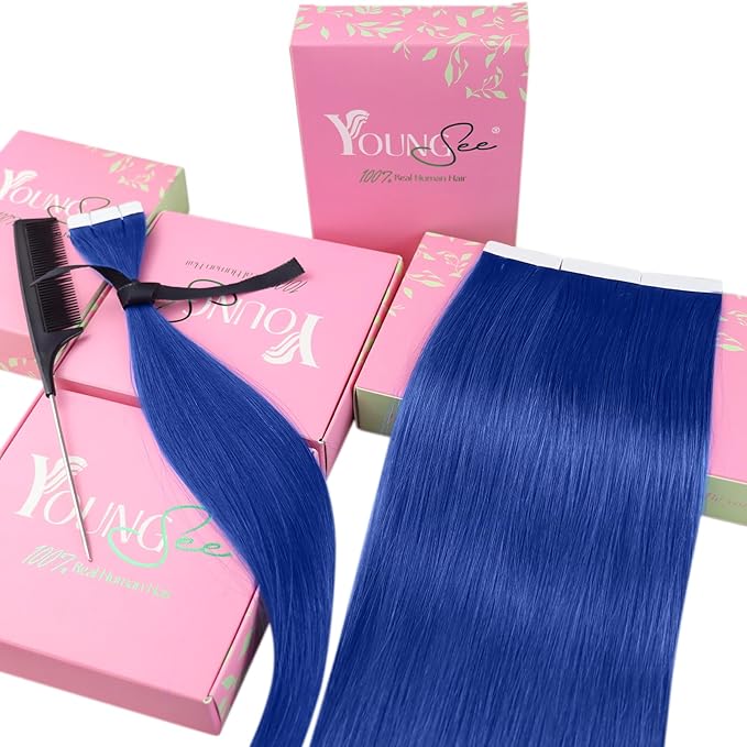 YoungSee Tape in Hair Extensions Real Human Hair Blue Invisible Tape in Human Hair Extensions Blue 18 Inch Seamless Tapes Hair-Extensions Colored 10pcs 25g Prom Night Hair Extension