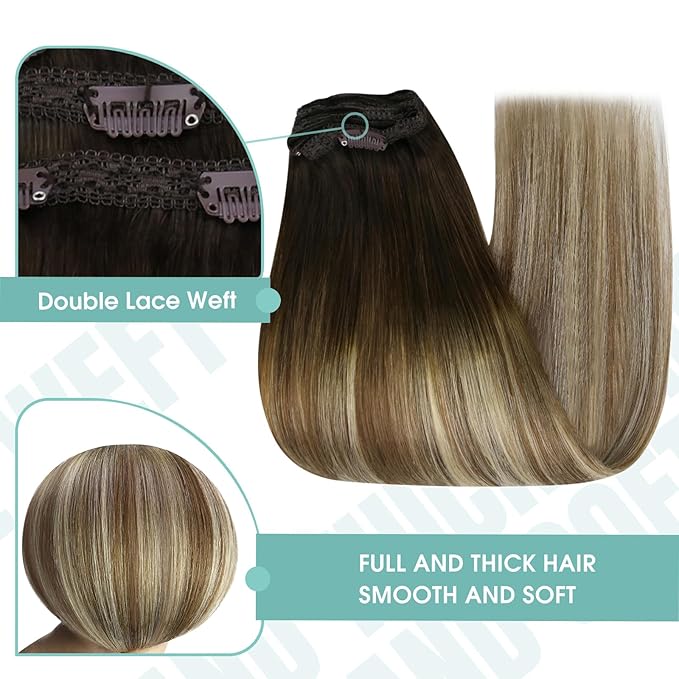 YoungSee Balayage Clip in Hair Extensions Brown Ombre Clip in Extensions Remy Hair Clip on Hair Extension for Women Chocolate Brown Roots to Medium Brown with Blonde 12inch 85g