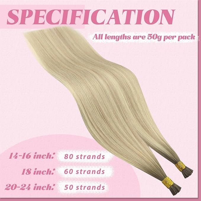 YoungSee Itip Human Hair Extensions Ombre I Tips Hair Extensions Human Hair Balayage Blonde with Platinum Blonde I Tip Extension 22In 50g 50s Invisible Hair Extension for Wedding