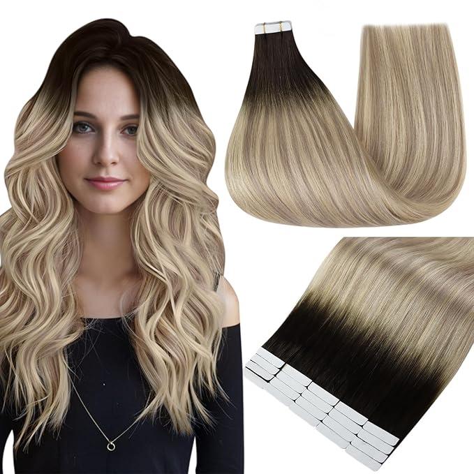 Full Shine Tape in Extensions 16 Inch Color 2 Fading to 18 Ash Blonde Highlight 60 Blonde Seamless Straight Hair Extensions Real Human Hair Tape in 20PCS Natural Invisible Remy Hair 50g for Party