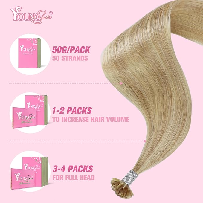 YoungSee K Tip Hair Extensions Human Hair Blonde Highlight Ktip Human Hair Extensions Golden Blonde Highlight Long Hair 22in 50s/50g