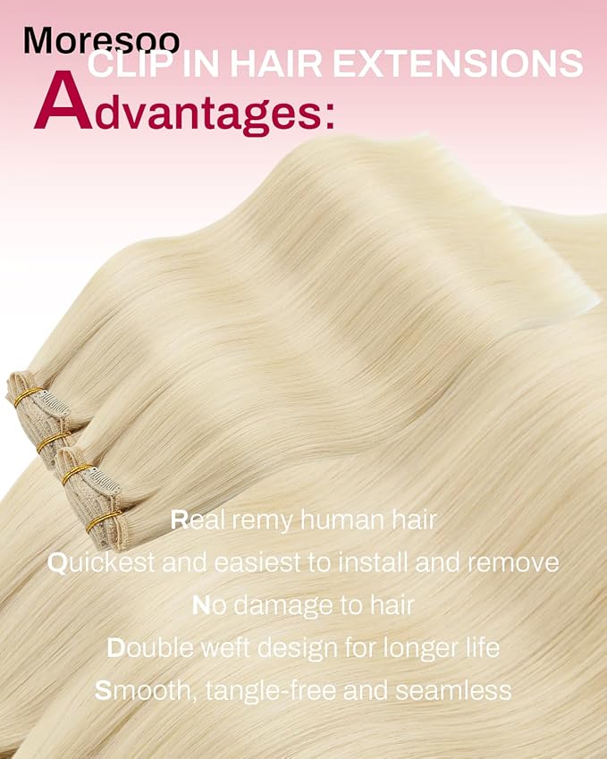 Moresoo Golden Platinum Blonde Clip in Hair Extensions Blonde Hair Extensions Clip ins Real Human Hair for Women Long Double Weft #60 120g/8pcs 18 inch
