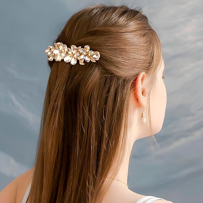 Joez Wonderful Rhinestone Hair Clips, Bridal Hair Accessories for Women, Sparkly Crystal Hair Pins, Fancy Hair Barrettes for Wedding, Bride, Long Hair (Champagne Flower, 1 Pcs)