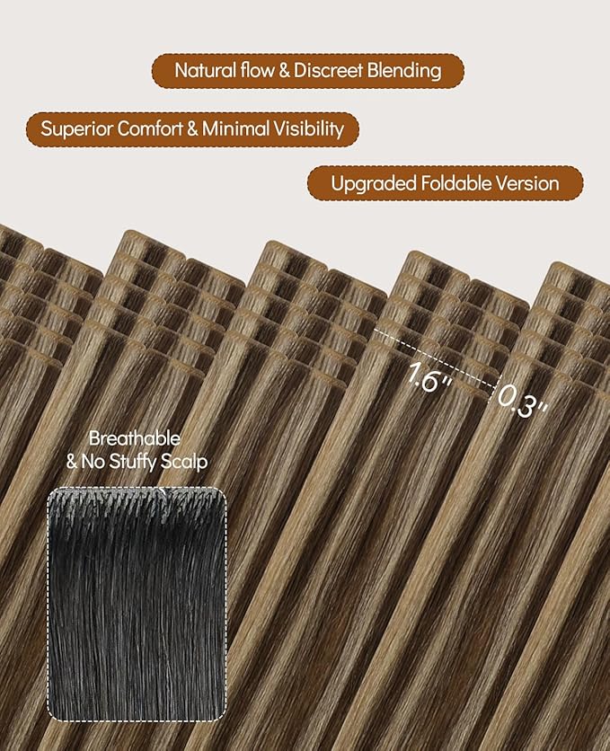 VINBAO Invisi Edge Tape in Extensions Human Hair Dark Brown Highlighted Caramel Blonde 14in 20pcs 40g Injected Tape in Hair Extensions Pro Quality 14inch #4P27