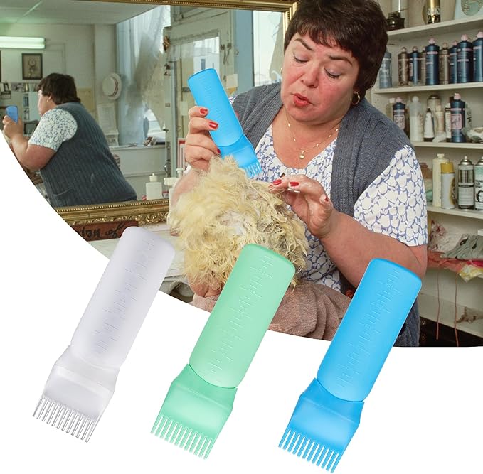 Cosywell Root Comb Applicator Bottle 6 Ounce 3 Pack Hair Oiling Bottle Hair Dye Applicator Brush for Hair Root Comb Color with Graduated Scale(White Blue Green)