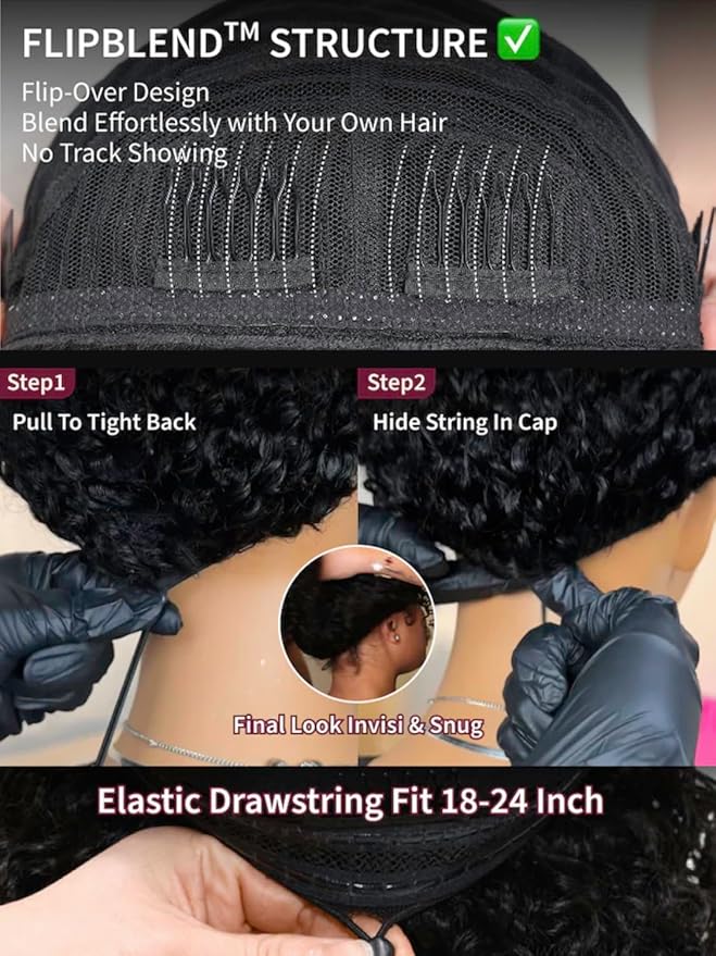 KLAIYI Water Wave 3 In 1 Flip Over 3/4 Half Wig Human Hair Curly Flip Over Seamless Blend Edges Glueless Wear and Go Drawstring Headband Clip In Wigs for Women Ready to Go Wig Beginner Friendly 26Inch