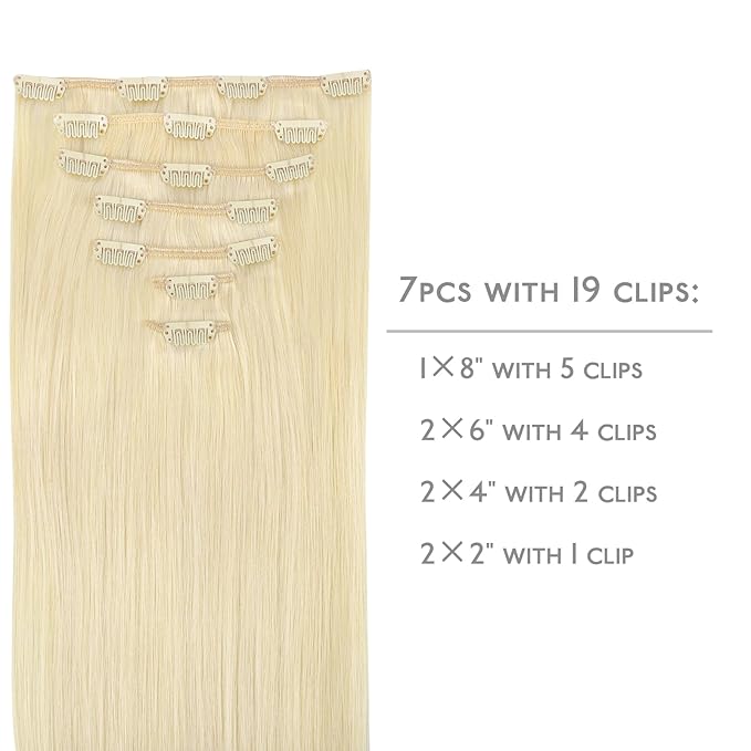 WENNALIFE Clip in Hair Extensions Real Human Hair, 20 Inch 120g 7pcs Human Hair Extensions Clip In Human Hair, Bleach Blonde Hair Extensions Clip In Real Hair Coloured Remy Human Hair Extensions