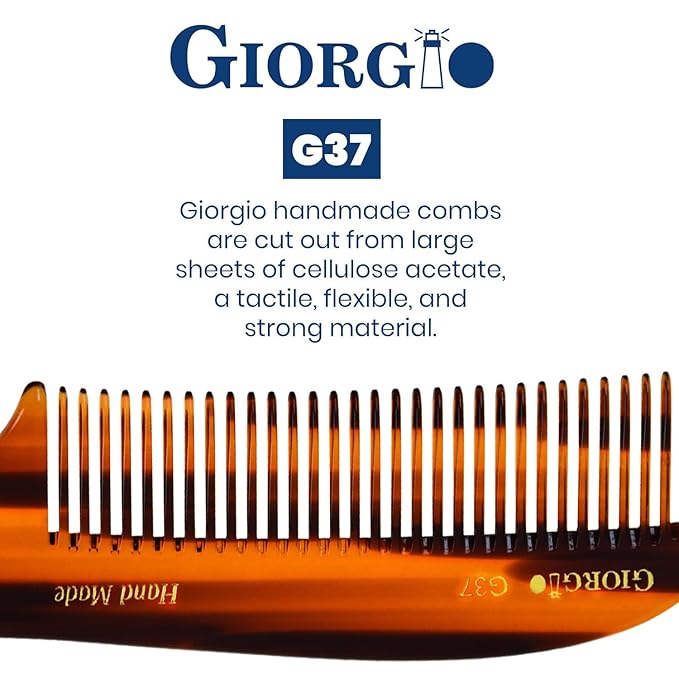 Giorgio G37 Large Coarse Detangler Comb, Wide Teeth for Thick, Curly, or Wavy Hair – For Wet and Dry Use, Handmade Rake Saw-Cut from Polished Cellulose (Tortoiseshell)
