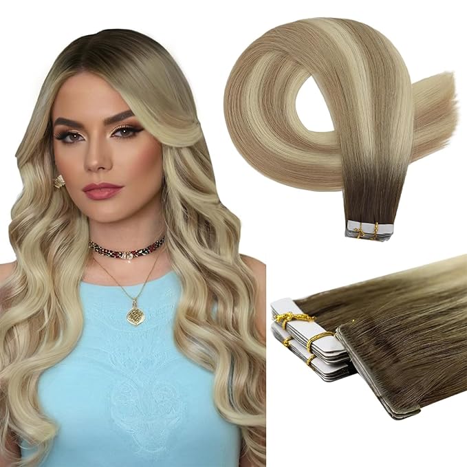 Full Shine Invisible Tape in Hair Extensions Human Hair Color 2 Brown Fading to 18 Ash Blonde and 22 Blonde Double Sided Tapes Virgin Injeted Tape in Extensions 14Inch 10Pcs 25Gram for Daily