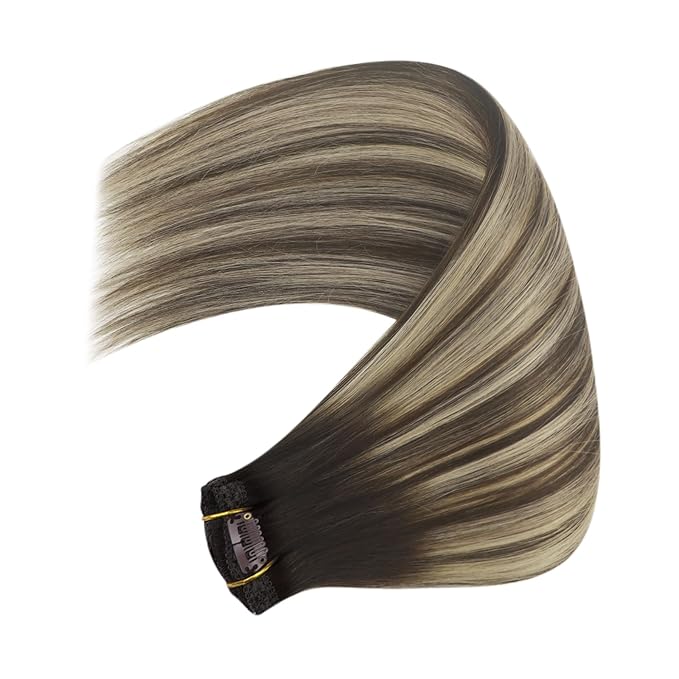YoungSee Invisible Clip in Hair Extensions Human Hair Brown Balayage Clip on Hair Extensions Chocolate Brown with Ash Blonde Balayage Clip ins Real Human Hair Extension for Natural Look 120G 7Pcs 16In