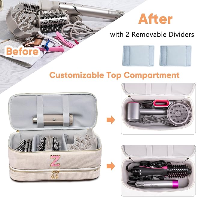 Initial Personalized Hair Tools Travel Bag Double-Layer Hair Dryer Case Compatible with Shark FlexStyle/SmoothStyle, Dysson Airwrap & Supersonic – Hair Tool Organizer for Travel & Home