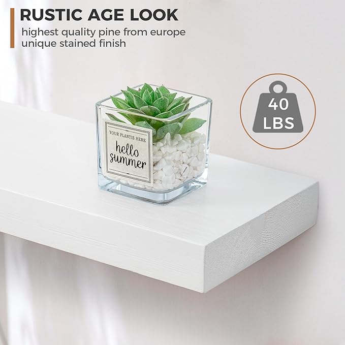 Fun Memories Handcrafted European Pine Floating Shelves - Natural Rustic Wooden Wall Shelf Set of 2-24 Inch Storage Shelf Display Shelf for Kitchen Bathroom Living Room Bedroom Farmhouse - White