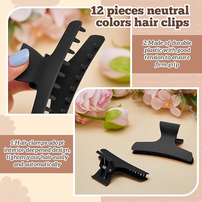 Batiyeer 12 Pcs Butterfly Hair Clips for Styling Sectioning Hair Clips for Women Butterfly Clamps Non Slip Claw Salon Section for Cutting Styling Coloring Thick Thin (Black)