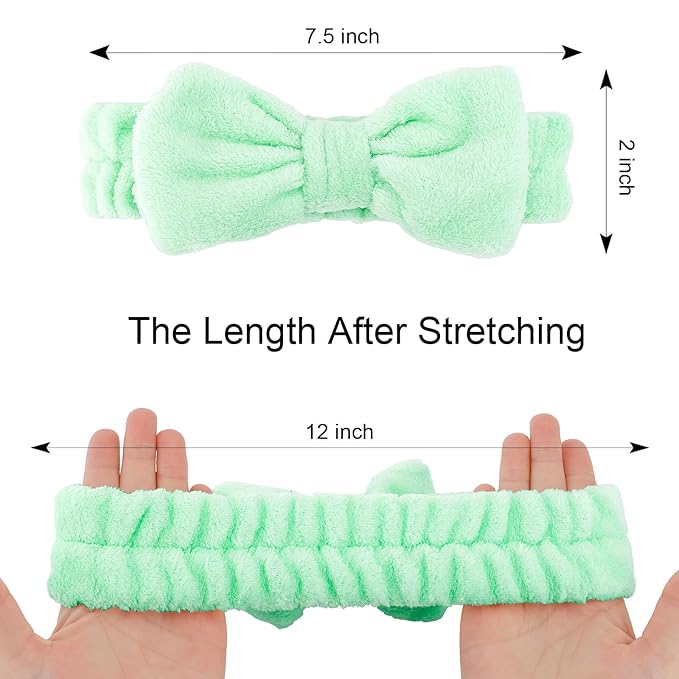 Casoty 6 Pcs Green Spa Headbands, Skin Care Headband, Soft Coral Fleece headbands for makeup, Bow Hair Band for Face Washing Shower Skin Care Yoga