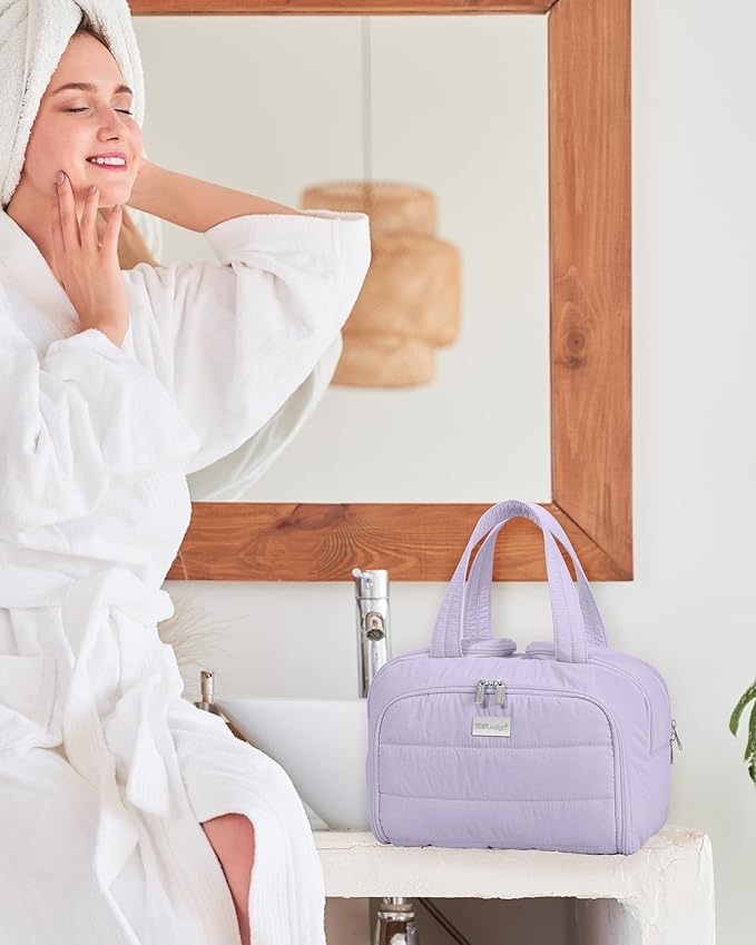 TOPDesign Travel Toiletry Bag for Women, Puffer Large Toiletry Bag, Lightweight Cosmetic Makeup Organizer with Handle for Traveling, Accessories, Essentials, Toiletries (Light Purple)