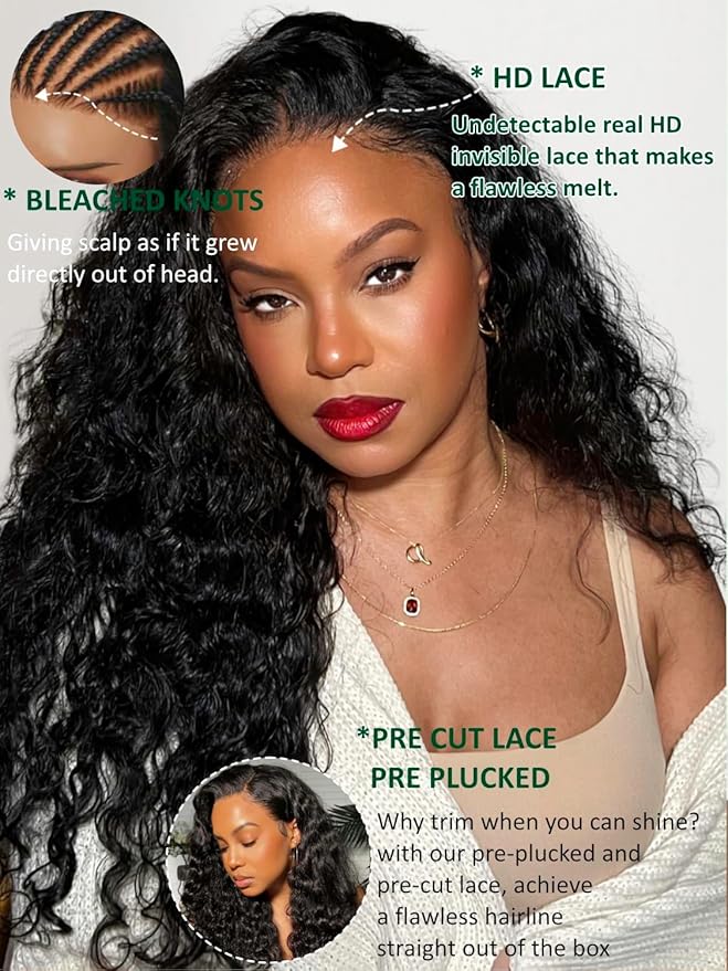 KLAIYI Water Wave Pre Everything Glueless 13x4 Lace Front Wigs Human Hair Precut Lace Pre Plucked Pre Bleached Bye Bye Knots Curly Wear and Go Beginners Wig with Drawstring 30S Ready to Wear 22Inch