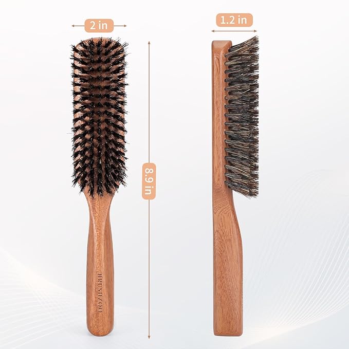 BRUSHZOO Hair Brush, Boar Bristle Hair Brush for Women Men Short Thin Fine Hair, Beech Handle Hairbrush for Styling Smoothing