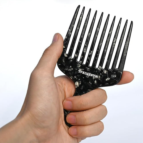 14MX Hair and Beard Wide Tooth Comb for Women and Men, Cellulose Acetate, Curly Thick Afro Hair Styles, 5.5 inches(14 cm), Black, 1 PACK
