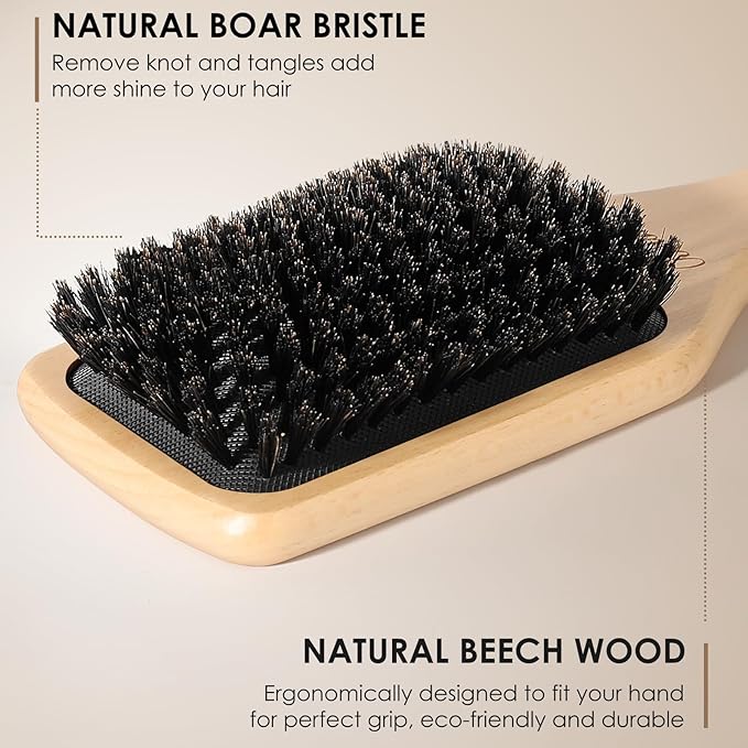 Bsisme Hair Brush, Boar Bristle Hair Brushes for Women Men Kid, Natural Bristles Paddle Brush for Thin Fine Hair, Restore Shine and Texture, Enhance Hair Shine and Health