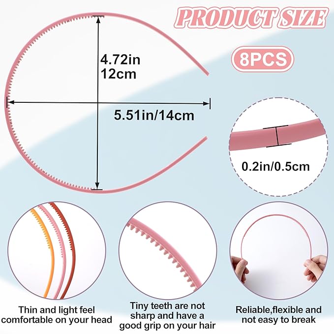 8pcs Thin Skinny Headbands with Teeth, Non-Slip Plain Frosted Headbands for Women, 5mm Plastic Elastic Head Bands for Long Short Straight Curly Hair- 8 Colors