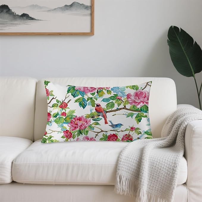 Satin Pillowcase 1 Pack-Pink Roses Flowers and Red Birds Silky Pillow Cover for Hair and Skin,Standard Size 20x26 Inch Soft Cooling Printed Pillow Cases with Hidden Zipper,Gifts for Women Men